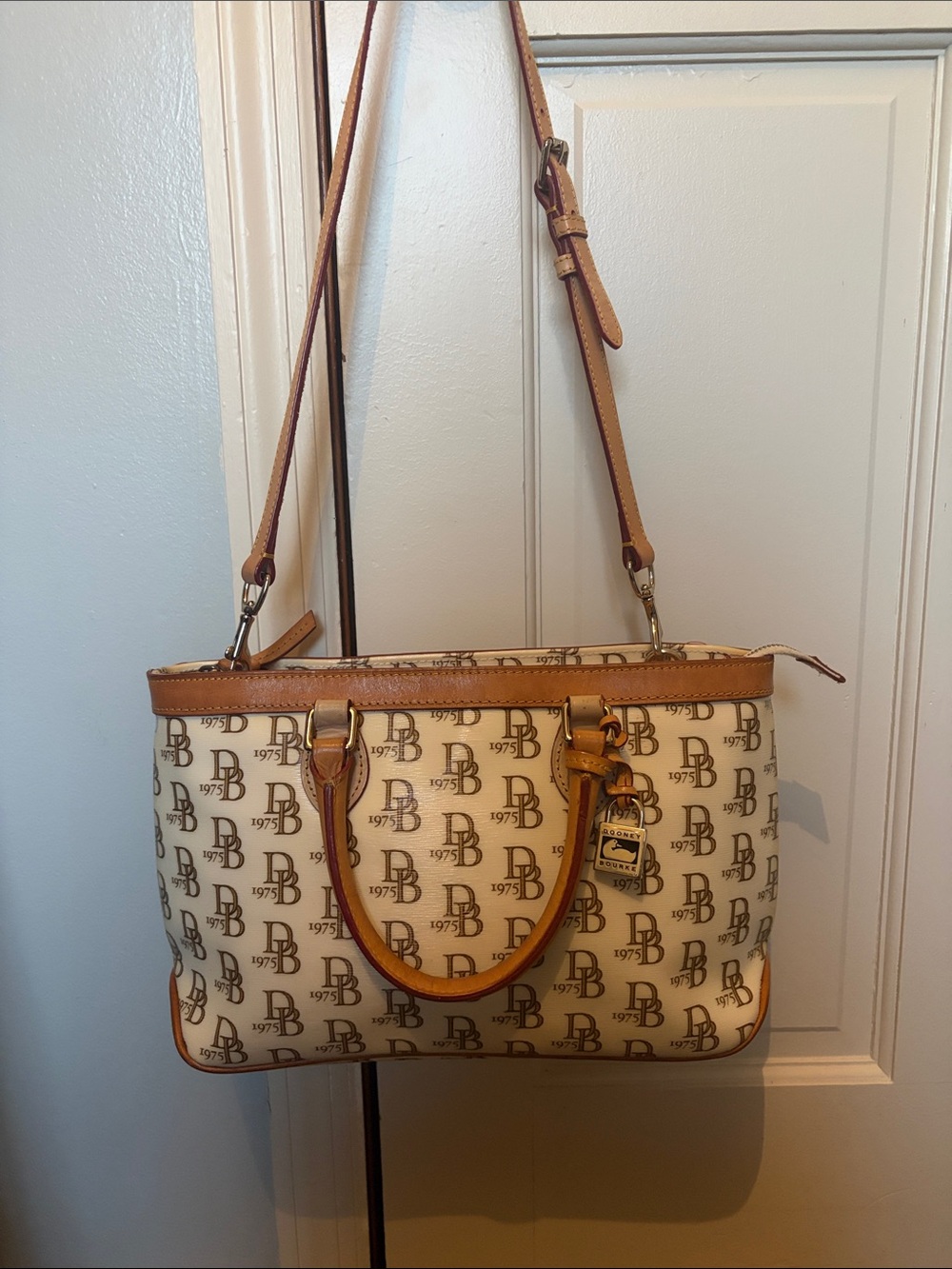Dooney & Bourke Cream Logo Tote with Tan Trim